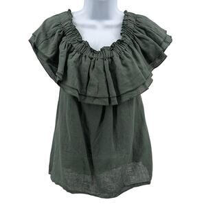 Young Fabulous and Broke Linen Blouse SZ Green Off Shoulder Pullover Ruffle Boho
